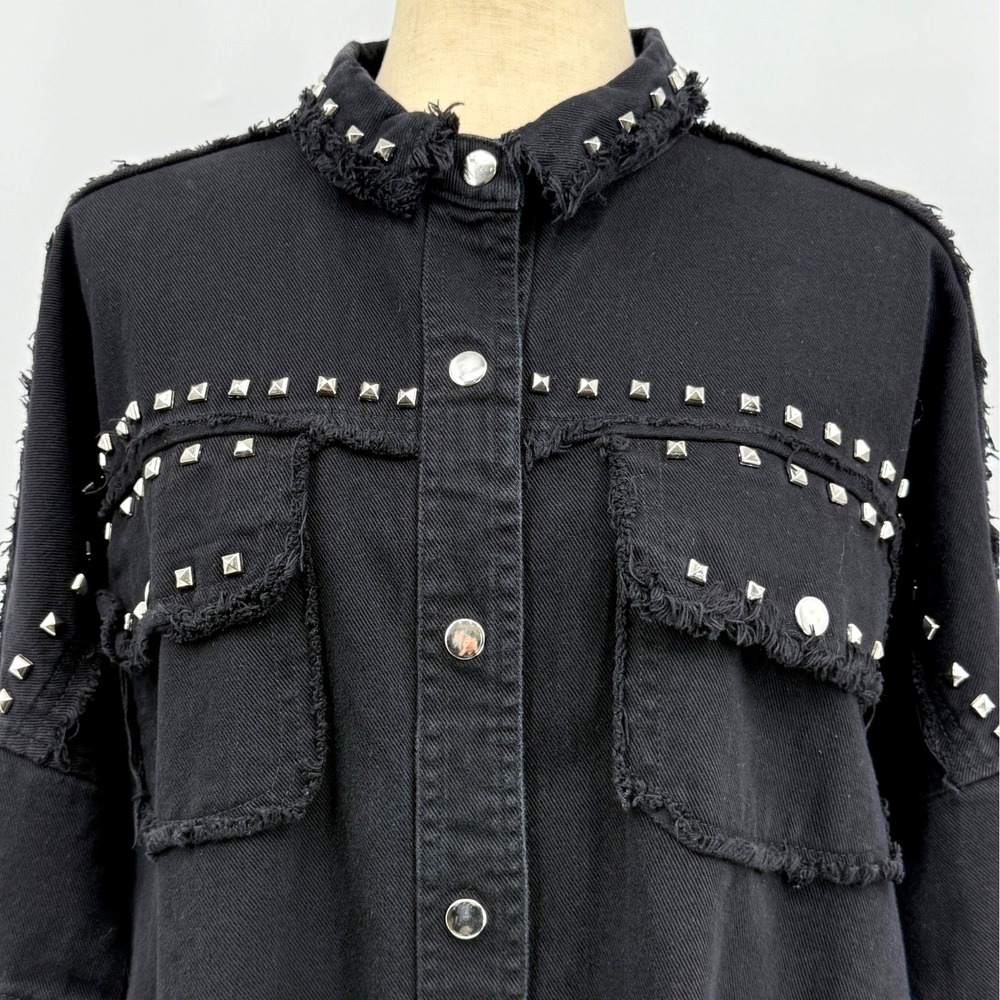 Fantastic Fawn Womens Denim Jacket S Black Goth Indie Grunge Metal Studs Raw Hem - Picture 3 of 7